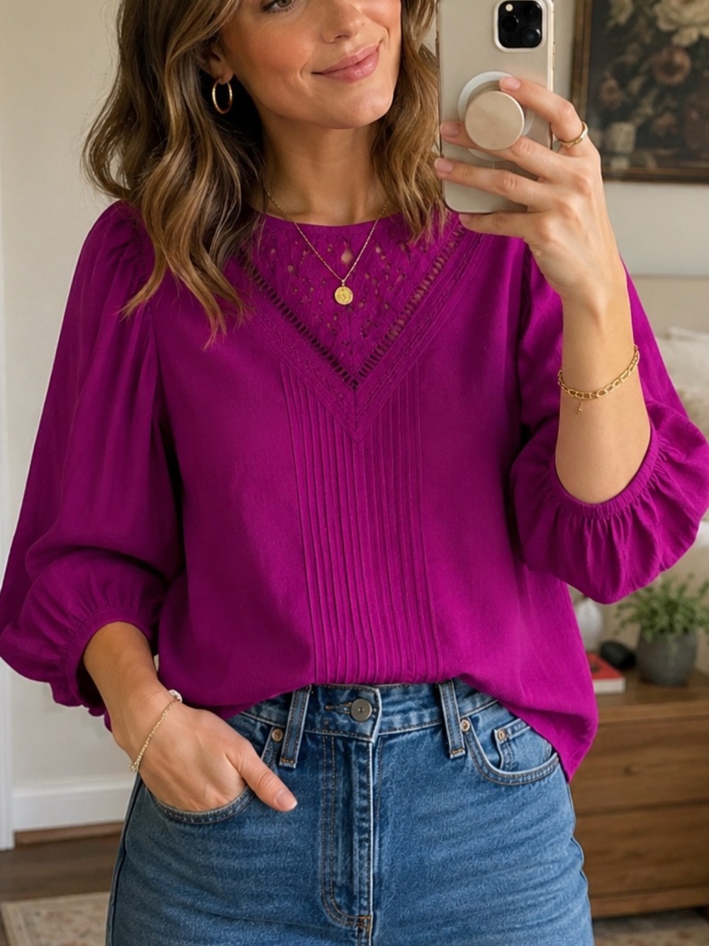Anthropologie FARM Rio Purple Lace Peasant Blouse Petite MP Boho Cotton Top
